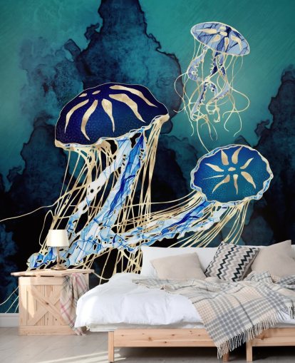 papier peint mural de méduses bleues et dorées appelé Floating Jellyfish III par SpaceFrog Designs pour les chambres, les salles de bain et les couloirs