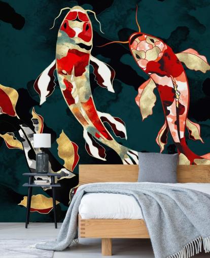 fundo verde escuro com papel de parede de peixe koi vermelho, preto, cinza e dourado