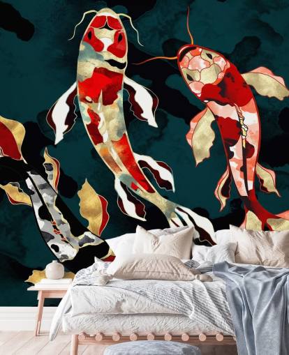 fondo verde oscuro con papel pintado de peces koi de color rojo, negro, gris y dorado
