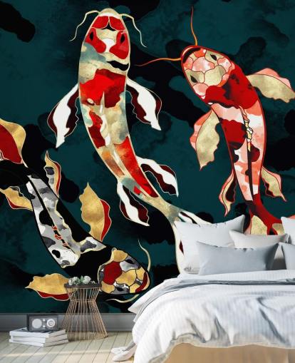 donkergroene achtergrond met rood, zwart, grijs en goudkleurig koivisbehang donkergroene achtergrond met rood, zwart, grijs en goudkleurig koivisbehang