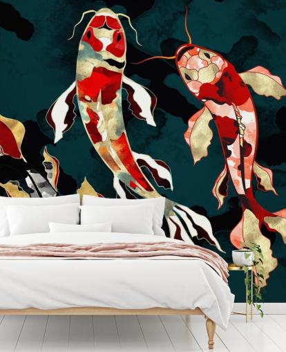 dark green background with red, black, grey and gold coloured koi fish wallpaper