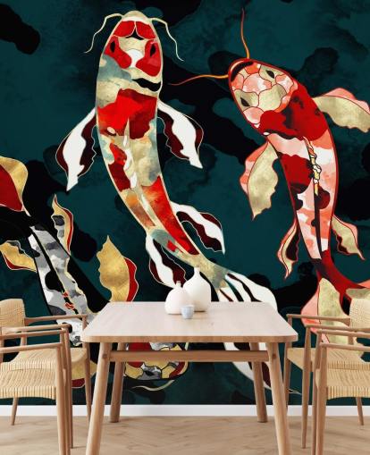 fondo verde oscuro con papel pintado de peces koi de color rojo, negro, gris y dorado