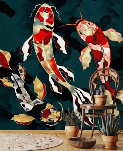fondo verde oscuro con papel pintado de peces koi de color rojo, negro, gris y dorado