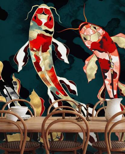 fondo verde oscuro con papel pintado de peces koi de color rojo, negro, gris y dorado