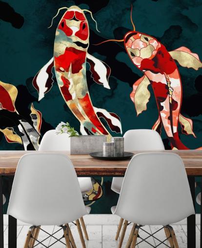 fundo verde escuro com papel de parede de peixe koi vermelho, preto, cinza e dourado fundo verde escuro com papel de parede de peixe koi vermelho, preto, cinza e dourado