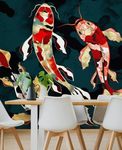sfondo verde scuro con carta da parati koi pesce rosso, nero, grigio e oro