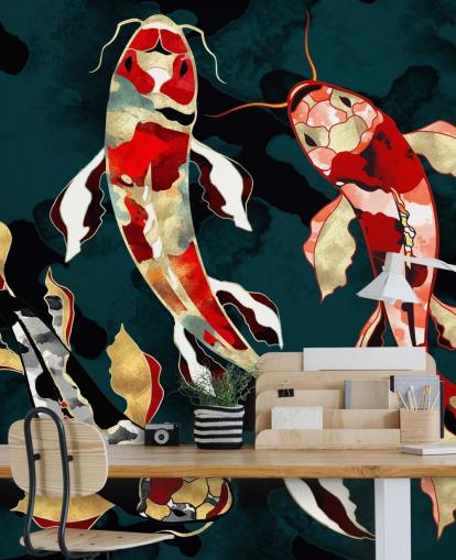 fondo verde oscuro con papel pintado de peces koi de color rojo, negro, gris y dorado