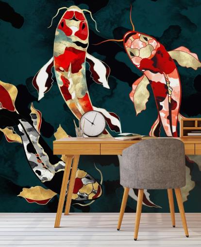 donkergroene achtergrond met rood, zwart, grijs en goudkleurig koivisbehang