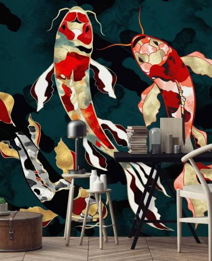 fondo verde oscuro con papel pintado de peces koi de color rojo, negro, gris y dorado