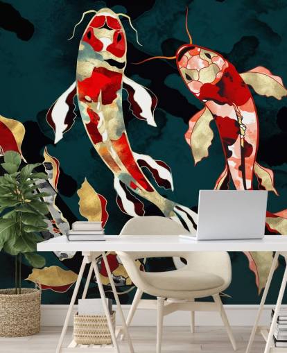fundo verde escuro com papel de parede de peixe koi vermelho, preto, cinza e dourado