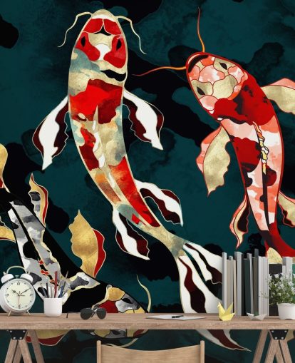 sfondo verde scuro con carta da parati koi pesce rosso, nero, grigio e oro