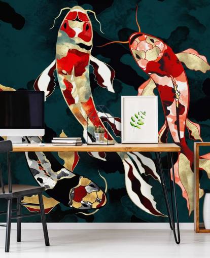 fondo verde oscuro con papel pintado de peces koi de color rojo, negro, gris y dorado