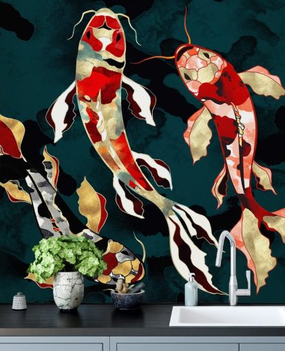 donkergroene achtergrond met rood, zwart, grijs en goudkleurig koivisbehang