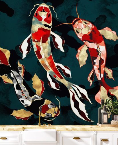 dark green background with red, black, grey and gold coloured koi fish wallpaper