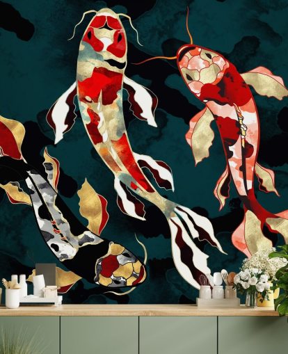 dark green background with red, black, grey and gold coloured koi fish wallpaper