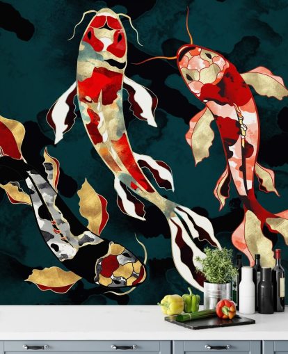 dark green background with red, black, grey and gold coloured koi fish wallpaper