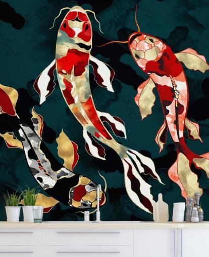 fondo verde oscuro con papel pintado de peces koi de color rojo, negro, gris y dorado