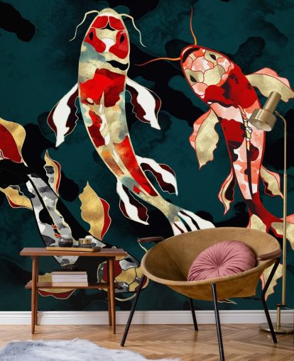fundo verde escuro com papel de parede de peixe koi vermelho, preto, cinza e dourado