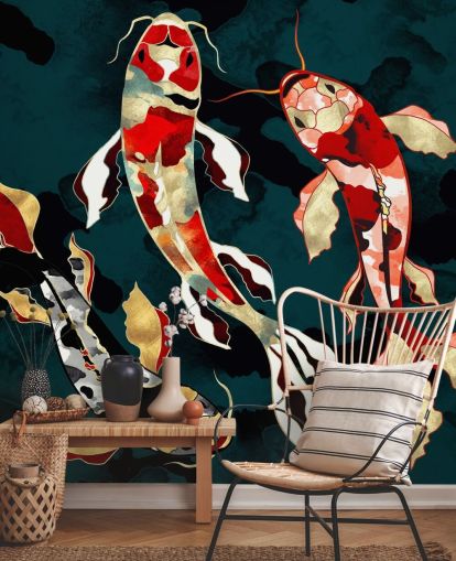 sfondo verde scuro con carta da parati koi pesce rosso, nero, grigio e oro