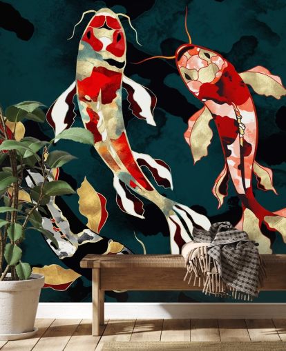 fondo verde oscuro con papel pintado de peces koi de color rojo, negro, gris y dorado