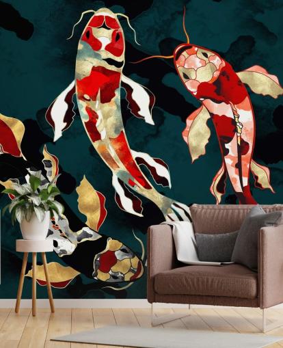 donkergroene achtergrond met rood, zwart, grijs en goudkleurig koivisbehang