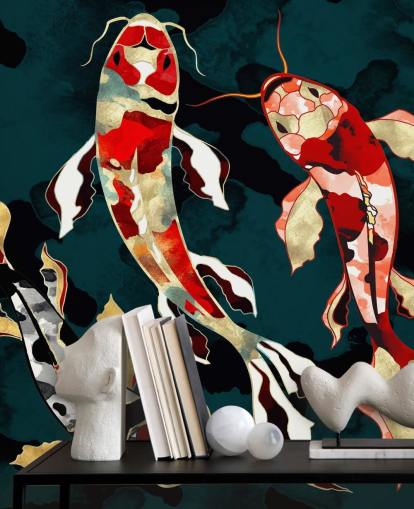 fondo verde oscuro con papel pintado de peces koi de color rojo, negro, gris y dorado fondo verde oscuro con papel pintado de peces koi de color rojo, negro, gris y dorado