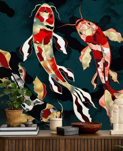 fondo verde oscuro con papel pintado de peces koi de color rojo, negro, gris y dorado