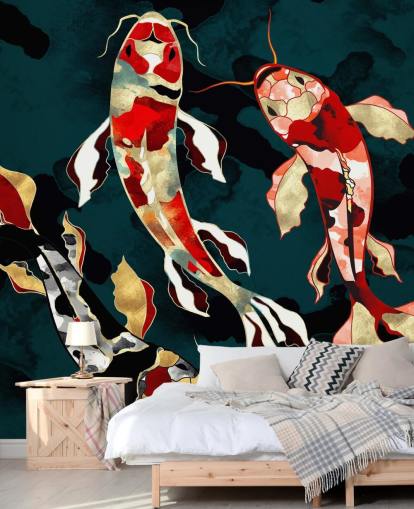 fundo verde escuro com papel de parede de peixe koi vermelho, preto, cinza e dourado
