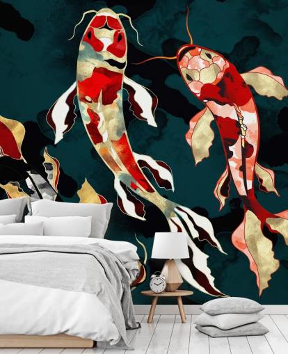 fundo verde escuro com papel de parede de peixe koi vermelho, preto, cinza e dourado