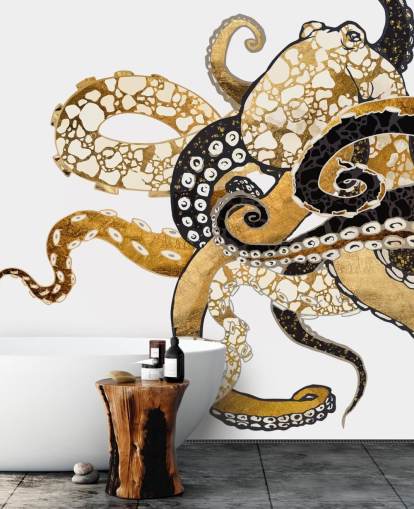 carta da parati murale con polpo astratto nero e oro chiamato Glam Octopus di SpaceFrog Designs per salotti e bagni carta da parati murale con polpo astratto nero e oro chiamato Glam Octopus di SpaceFrog Designs per salotti e bagni