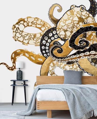 black and gold abstract octopus wallpaper mural called Glam Octopus by SpaceFrog Designs for living rooms and bathrooms