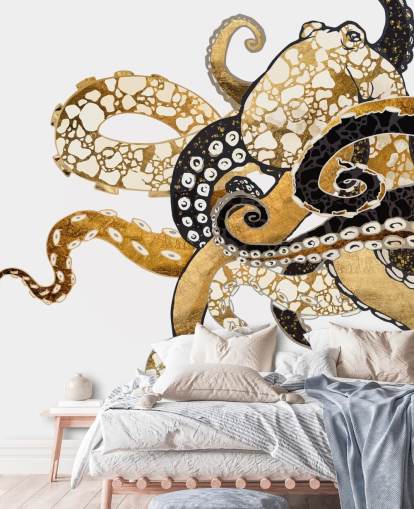 carta da parati murale con polpo astratto nero e oro chiamato Glam Octopus di SpaceFrog Designs per salotti e bagni