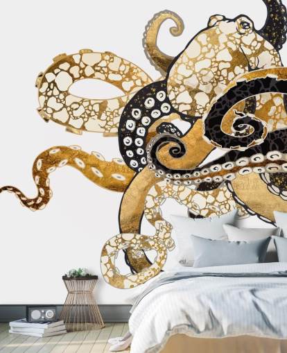 papier peint mural abstrait en forme de poulpe noir et doré appelé Glam Octopus par SpaceFrog Designs pour les salons et les salles de bain