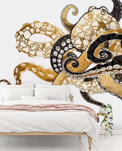schwarz-goldenes abstraktes Tintenfisch-Tapeten-Wandbild namens Glam Octopus von SpaceFrog Designs für Wohnzimmer und Badezimmer schwarz-goldenes abstraktes Tintenfisch-Tapeten-Wandbild namens Glam Octopus von SpaceFrog Designs für Wohnzimmer und Badezimmer