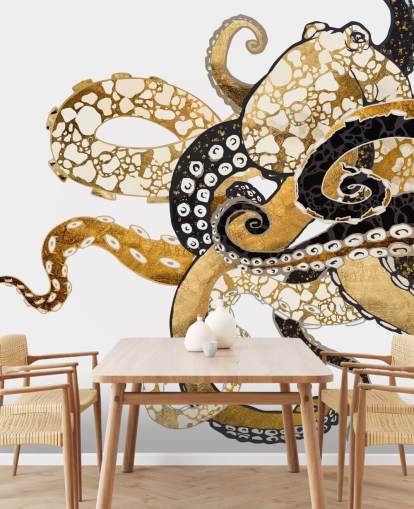 papier peint mural abstrait en forme de poulpe noir et doré appelé Glam Octopus par SpaceFrog Designs pour les salons et les salles de bain papier peint mural abstrait en forme de poulpe noir et doré appelé Glam Octopus par SpaceFrog Designs pour les salons et les salles de bain