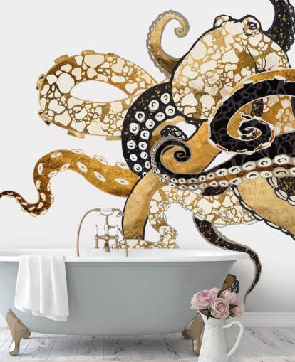 sort og guld abstrakt blæksprutte tapetmaleri kaldet Glam Octopus af SpaceFrog Design til stuer og badeværelser