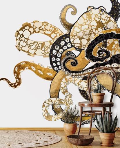 black and gold abstract octopus wallpaper mural called Glam Octopus by SpaceFrog Designs for living rooms and bathrooms