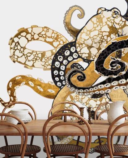 black and gold abstract octopus wallpaper mural called Glam Octopus by SpaceFrog Designs for living rooms and bathrooms