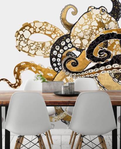 svart og gull abstrakt blekksprut tapetmaleri kalt Glam Octopus av SpaceFrog Design for stuer og bad svart og gull abstrakt blekksprut tapetmaleri kalt Glam Octopus av SpaceFrog Design for stuer og bad