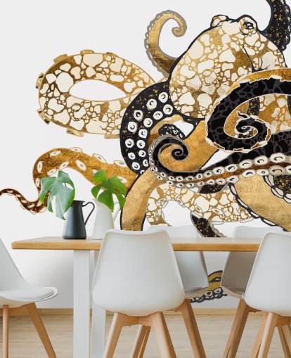 musta ja kultainen abstrakti mustekalan taustakuvamaalaus nimeltä Glam Octopus by SpaceFrog Designs olohuoneisiin ja kylpyhuoneisiin
