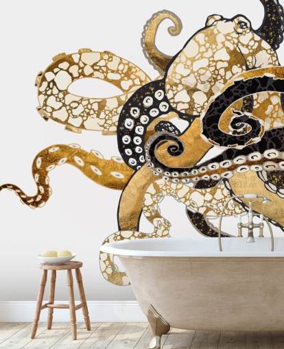 black and gold abstract octopus wallpaper mural called Glam Octopus by SpaceFrog Designs for living rooms and bathrooms
