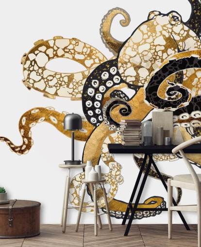 black and gold abstract octopus wallpaper mural called Glam Octopus by SpaceFrog Designs for living rooms and bathrooms