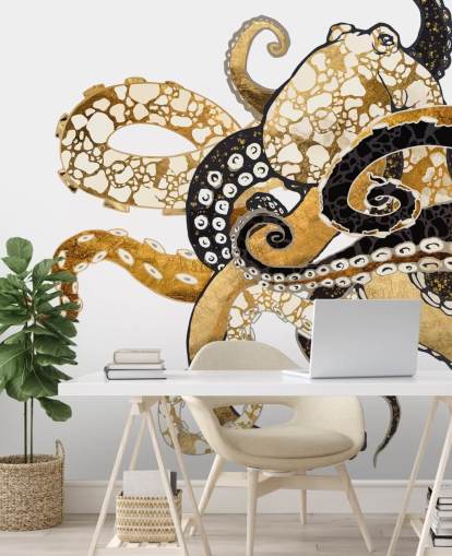 black and gold abstract octopus wallpaper mural called Glam Octopus by SpaceFrog Designs for living rooms and bathrooms