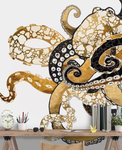 black and gold abstract octopus wallpaper mural called Glam Octopus by SpaceFrog Designs for living rooms and bathrooms