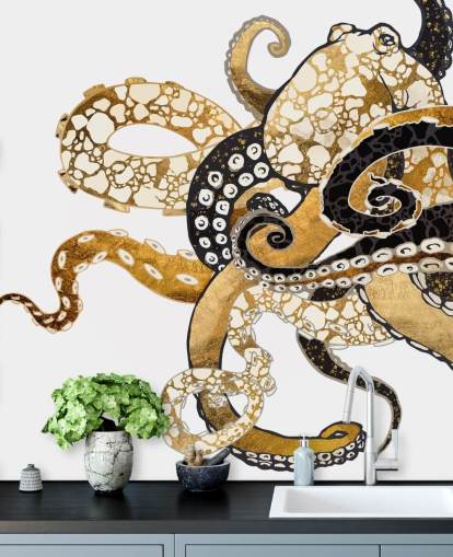 black and gold abstract octopus wallpaper mural called Glam Octopus by SpaceFrog Designs for living rooms and bathrooms black and gold abstract octopus wallpaper mural called Glam Octopus by SpaceFrog Designs for living rooms and bathrooms