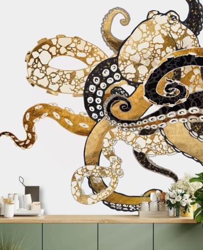 schwarz-goldenes abstraktes Tintenfisch-Tapeten-Wandbild namens Glam Octopus von SpaceFrog Designs für Wohnzimmer und Badezimmer