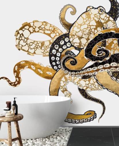 mural de papel pintado abstracto de pulpos negro y dorado llamado Glam Octopus de SpaceFrog Designs para salas de estar y baños
