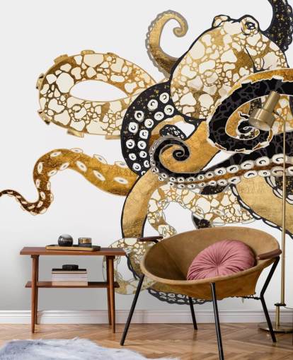 black and gold abstract octopus wallpaper mural called Glam Octopus by SpaceFrog Designs for living rooms and bathrooms