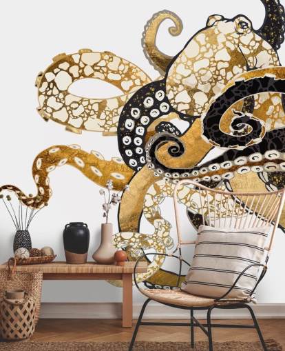 schwarz-goldenes abstraktes Tintenfisch-Tapeten-Wandbild namens Glam Octopus von SpaceFrog Designs für Wohnzimmer und Badezimmer schwarz-goldenes abstraktes Tintenfisch-Tapeten-Wandbild namens Glam Octopus von SpaceFrog Designs für Wohnzimmer und Badezimmer