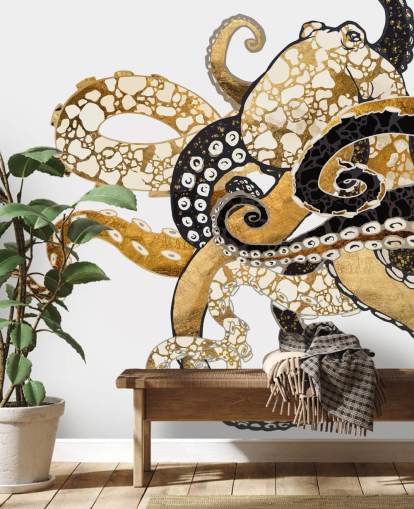 svart och guld abstrakt bläckfisk tapetväggmålning kallad Glam Octopus av SpaceFrog Design för vardagsrum och badrum svart och guld abstrakt bläckfisk tapetväggmålning kallad Glam Octopus av SpaceFrog Design för vardagsrum och badrum